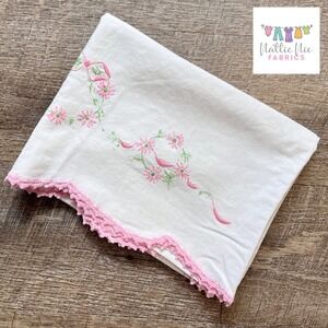 Vintage Pillowcase with pink embroidery and‎ pink crochet trim
